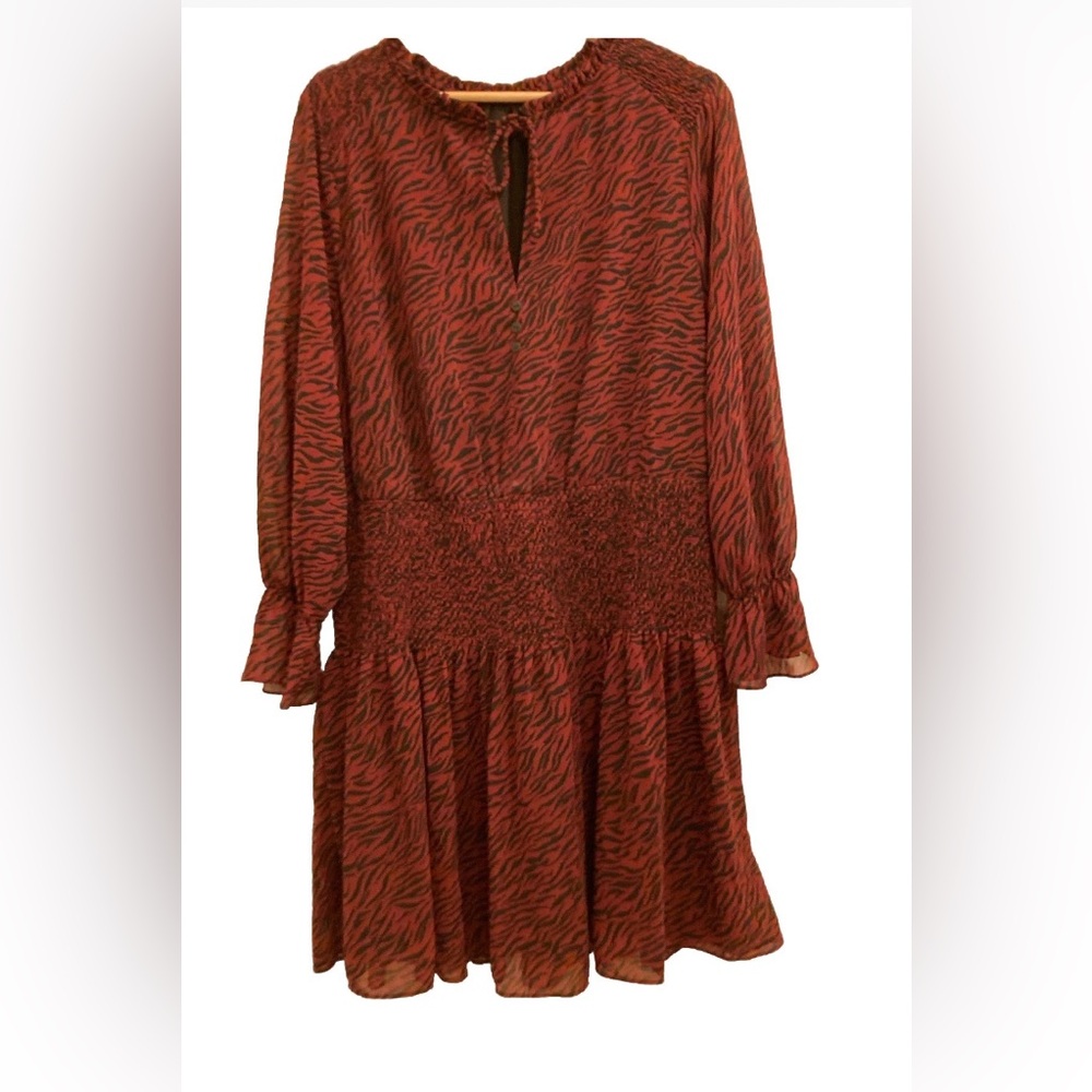 NWT Black Tape Zebra Mini Dress 1X Burgundy Long Sleeve Ruffle Smocked Whimsical